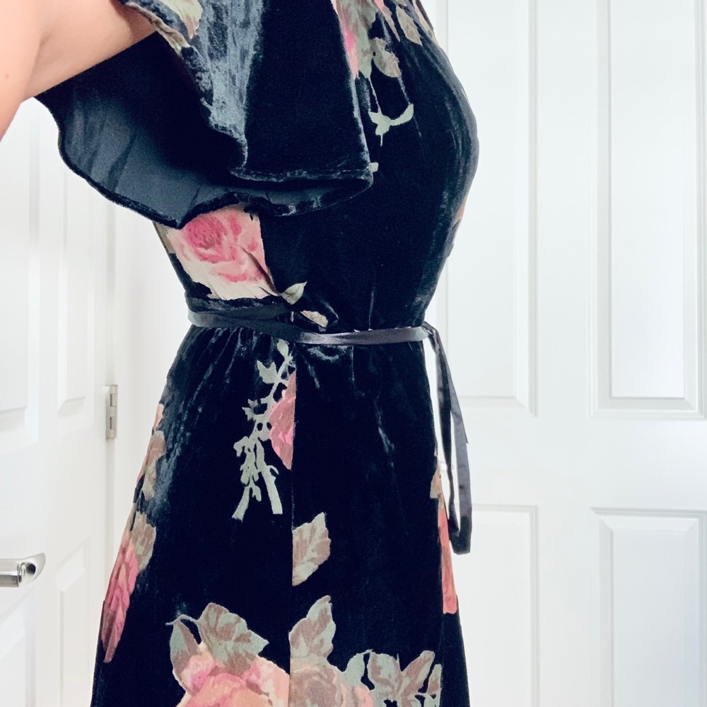 Velveteen black floral wrap dress flutter sleeves